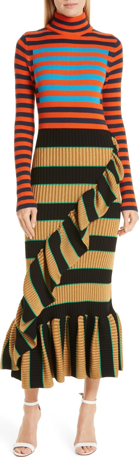 KENZO Mixed Stripe Ruffle Trim Sweater Dress