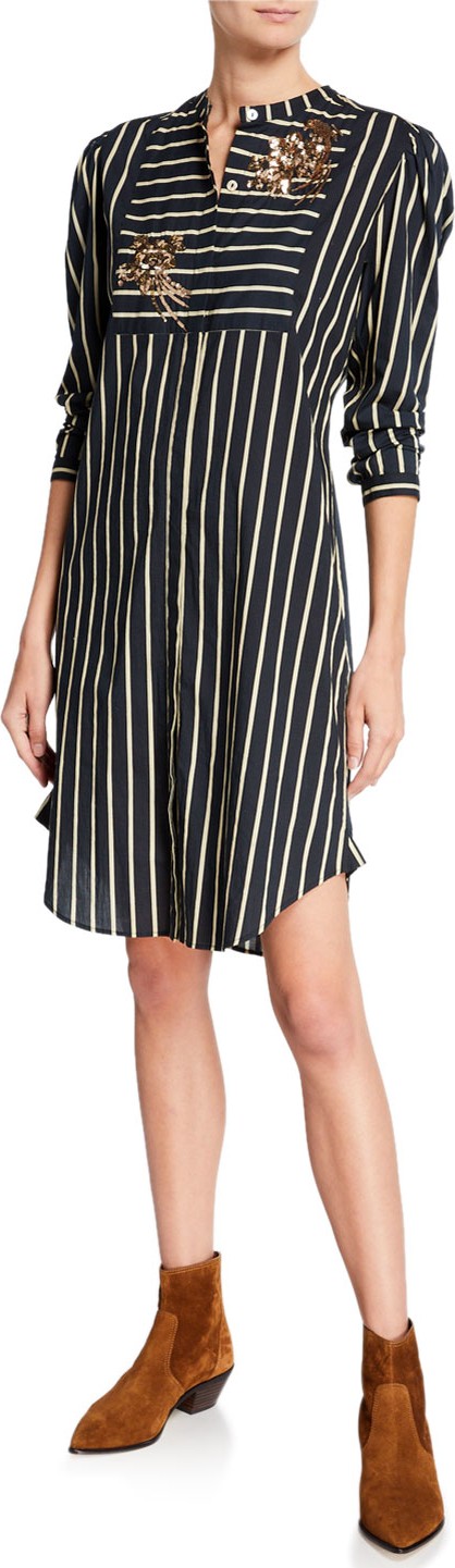 FIGUE Perine Long-Sleeve Embroidered Striped Shirtdress