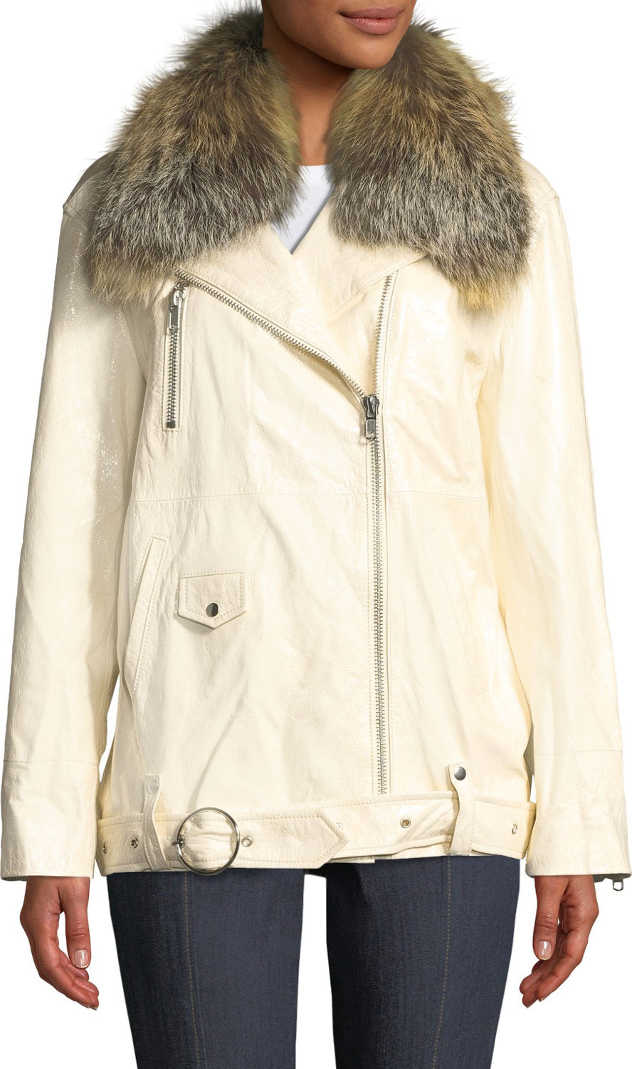 Cinq A Sept Emilia Patent Leather Jacket w/ Fox Fur Collar