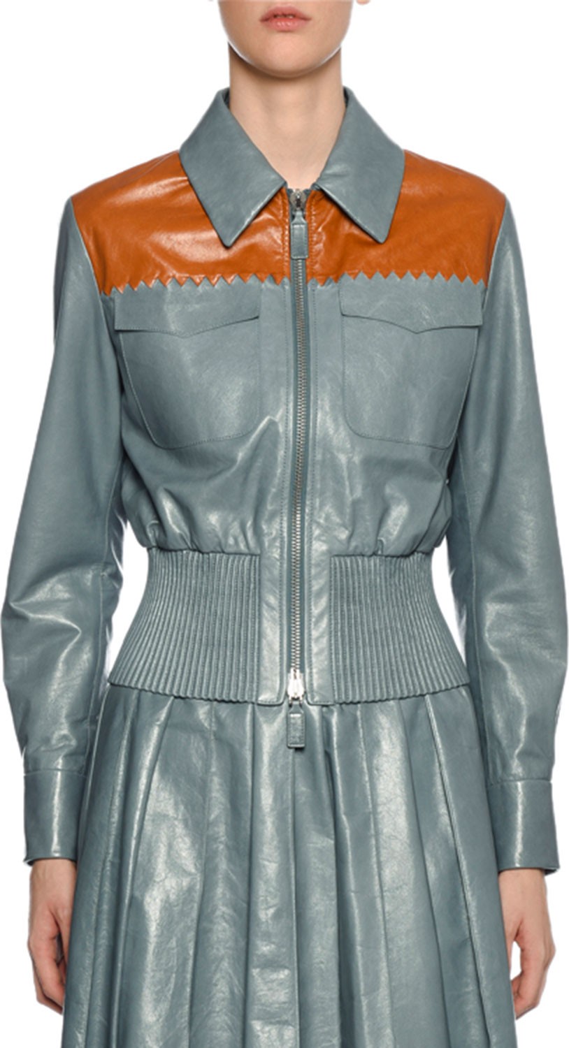Bottega Veneta Zip-Front Two-Tone Leather Shirt Jacket