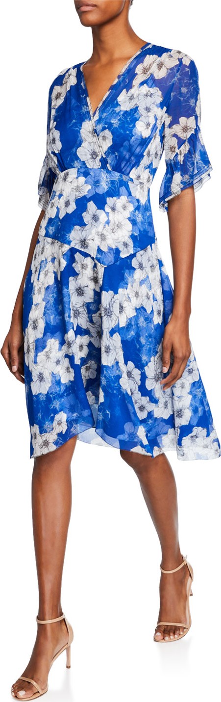 Elie Tahari Ava Floral-Print Surplice Short-Sleeve Silk Dress Elie Tahari Ava Floral-Print Surplice Short-Sleeve Silk Dress