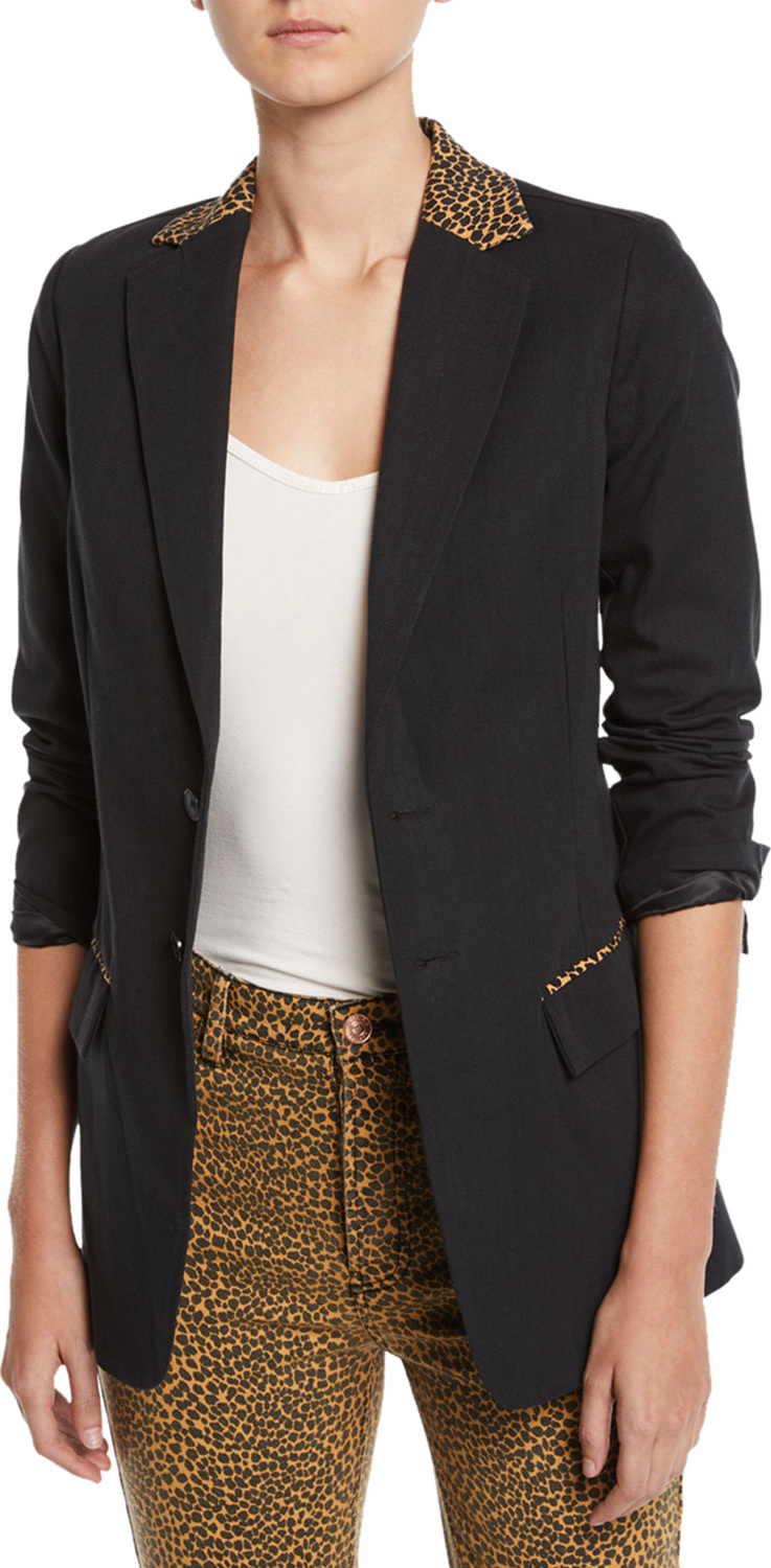 Current/Elliott The Calla Cotton-Wool Blazer with Leopard-Print Trim