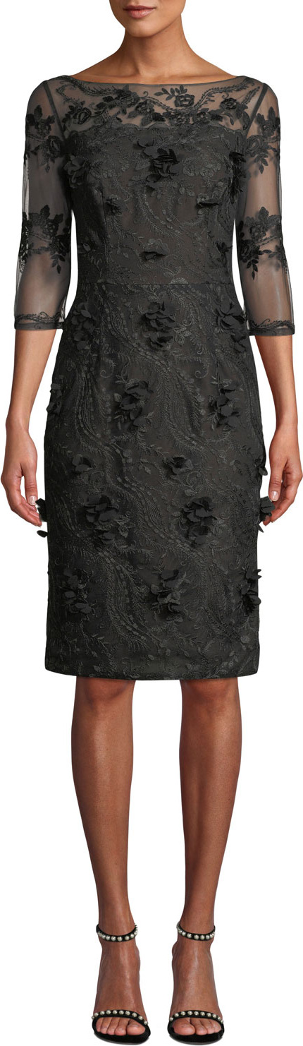 David Meister Illusion Cocktail Dress w/ 3D Embroidery