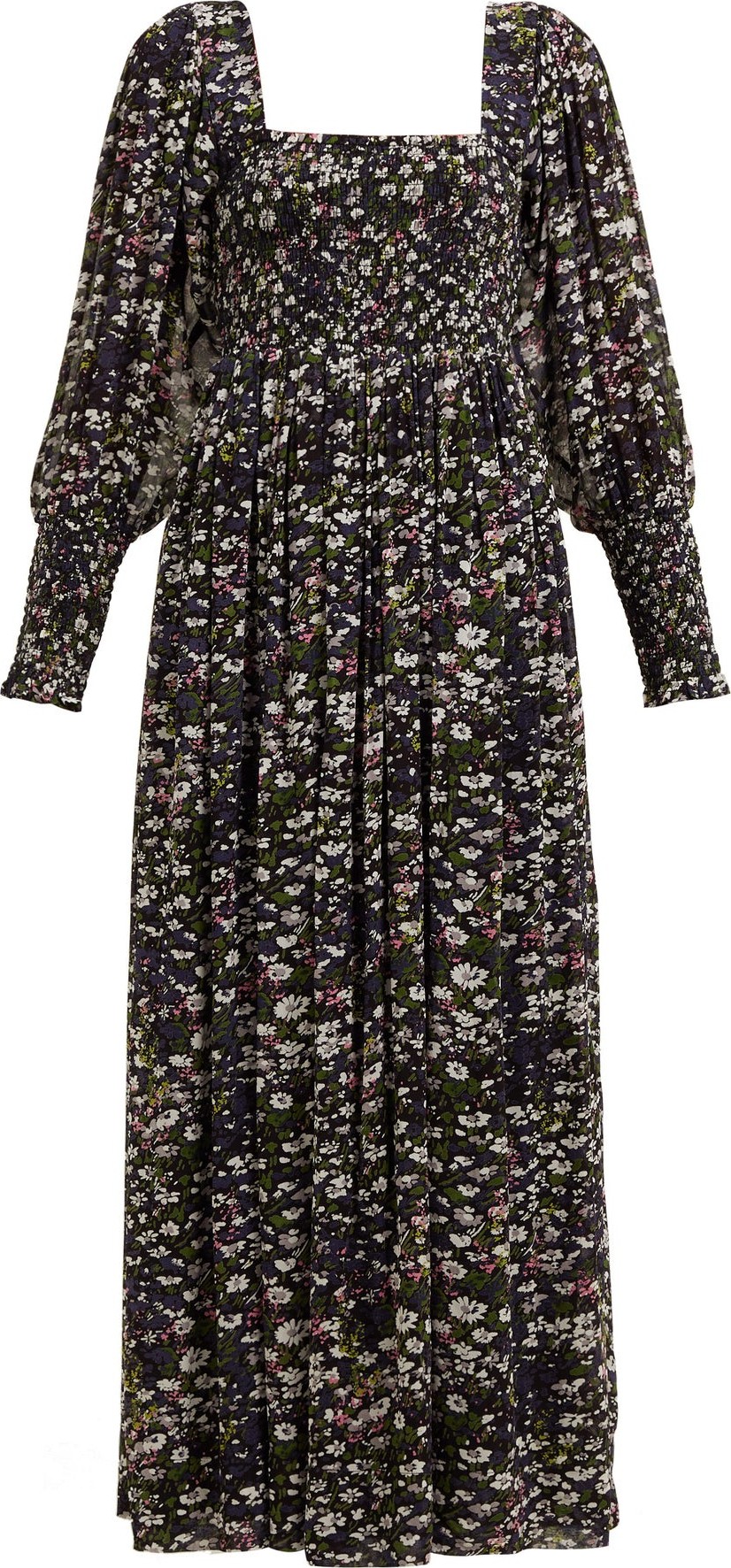 Ganni Shirred floral-print georgette maxi dress