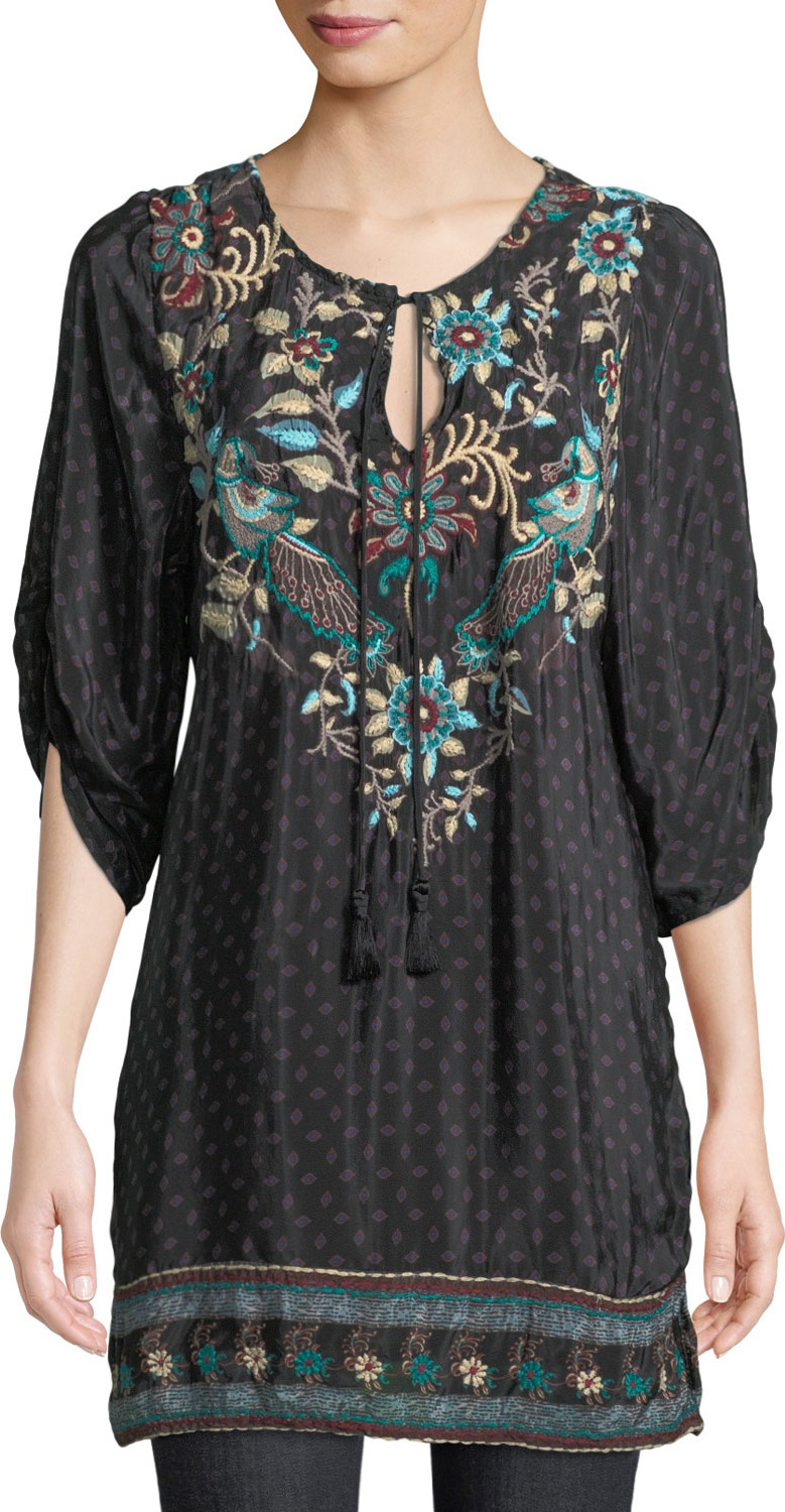 Tolani Nicoli Tassel-Tie Ruched-Sleeve Printed Floral-Embroidered Tunic Dress
