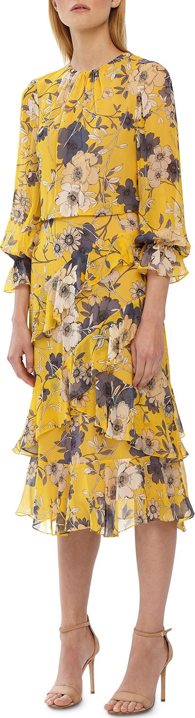 ML Monique Lhuillier Crewneck 3/4-Sleeve Floral-Print Midi Dress w/ Ruffle Detail