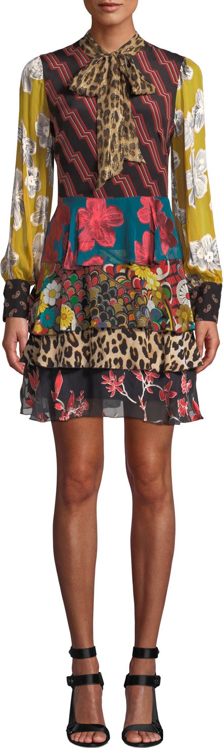 Alice + Olivia Dasha Tiered Ruffle Tie-Neck Dress