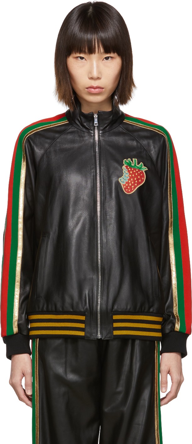 Gucci Black Leather Strawberry Patch Track Jacket