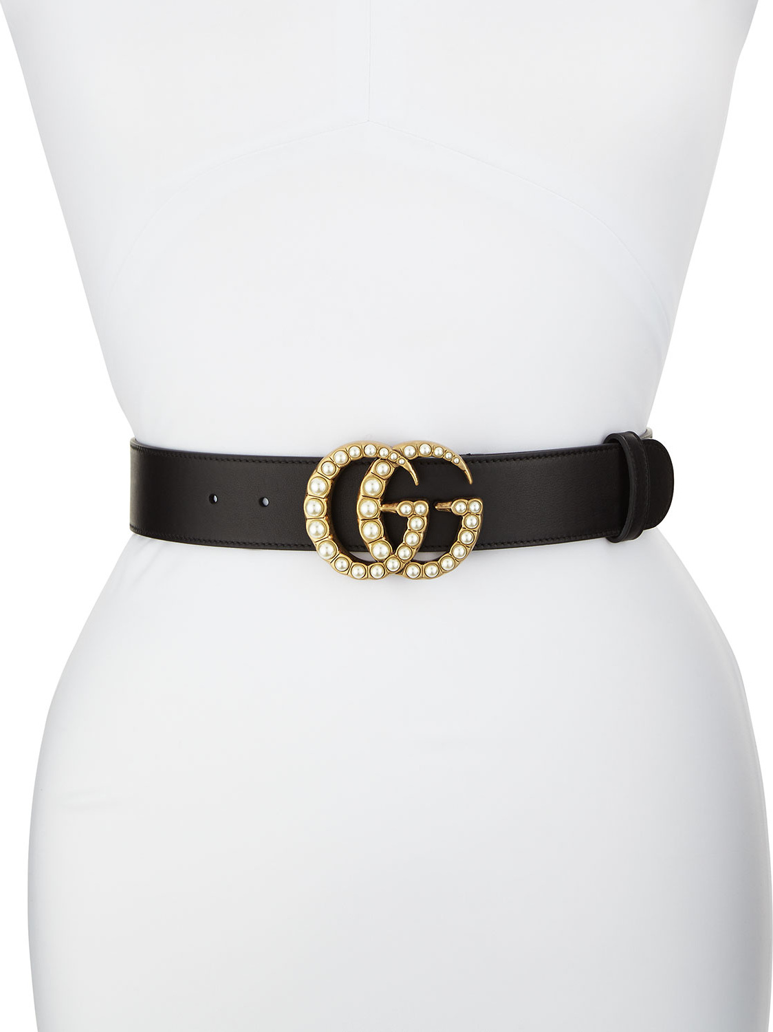 Gucci Smooth Leather Belt w/ Pearlescent Beads, Black