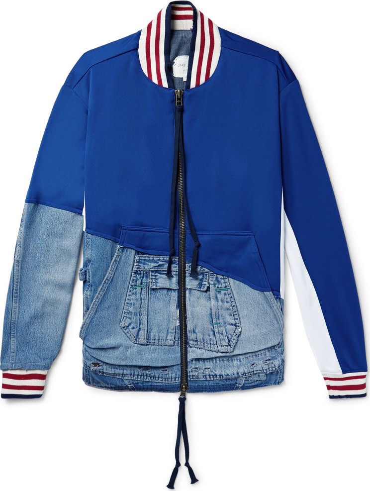 Greg Lauren Panelled Distressed Denim and Tech-Jersey Bomber Jacket