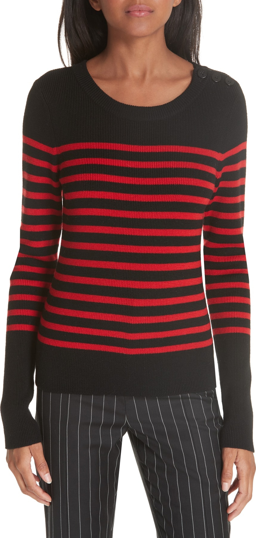 FRAME DENIM Button Shoulder Stripe Merino Wool Sweater