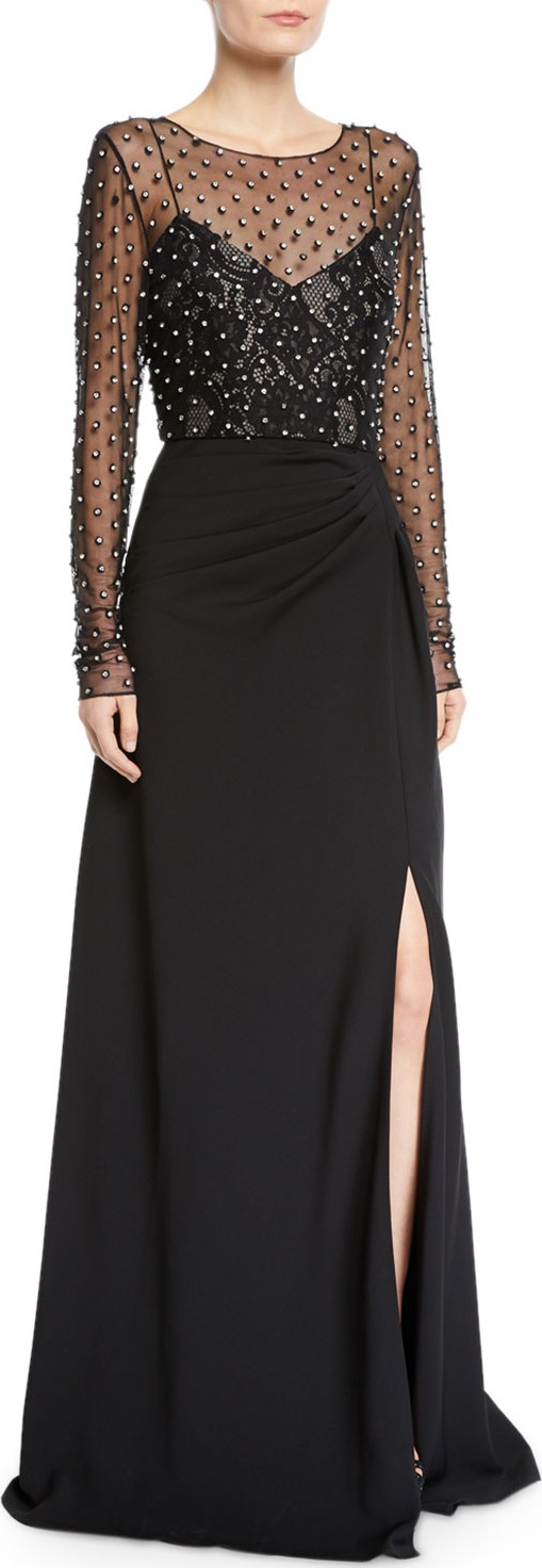 Badgley Mischka Illusion Long-Sleeve Crystal-Trim Gown