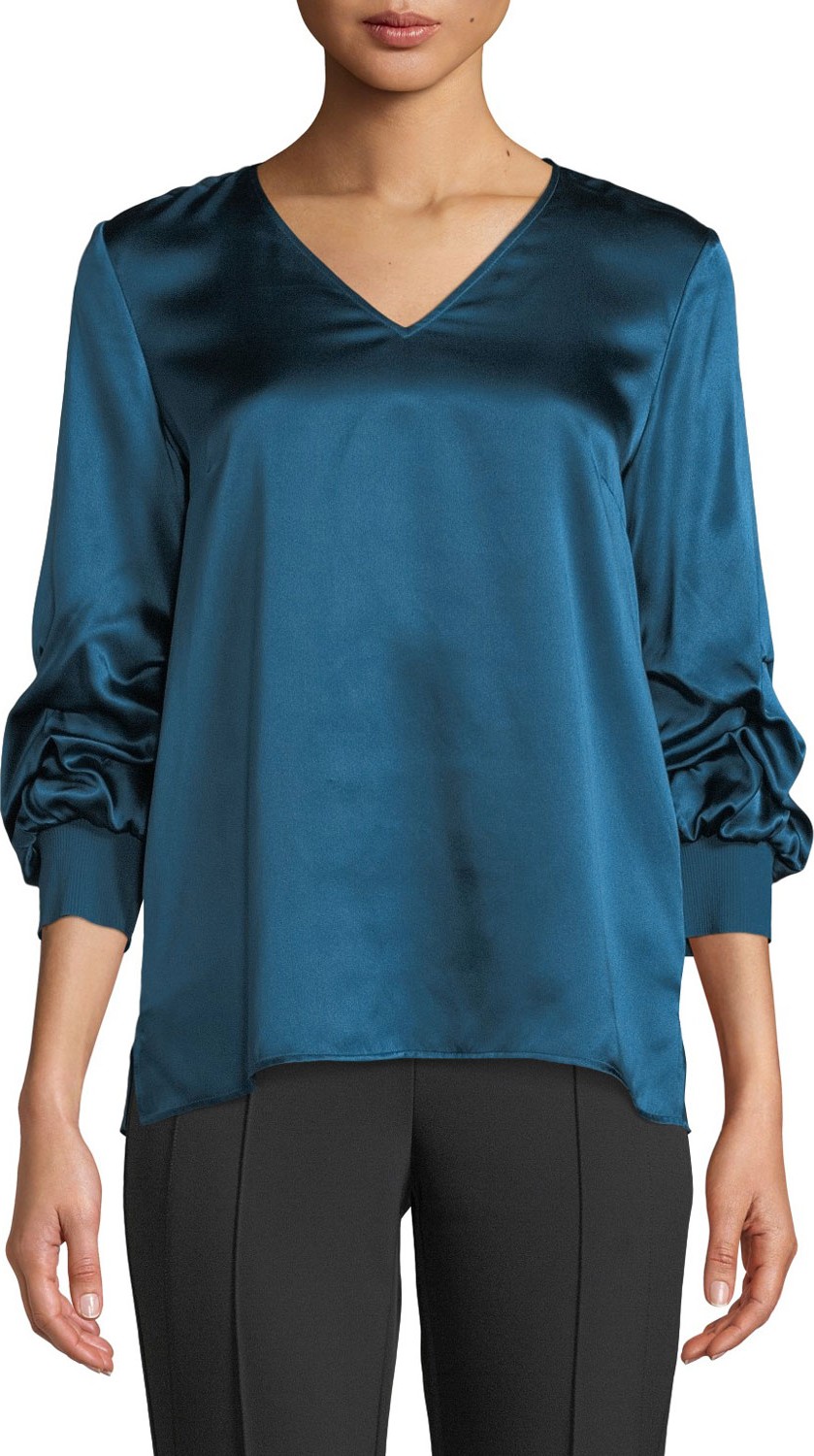 Lafayette 148 New York Leland Gathered-Sleeve Silk Blouse, Empress Teal