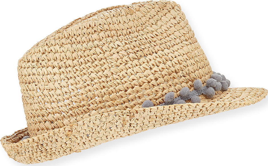 Tracy Watts Hitch Crochet Raffia Fedora Hat w/ Pompom Hat Band