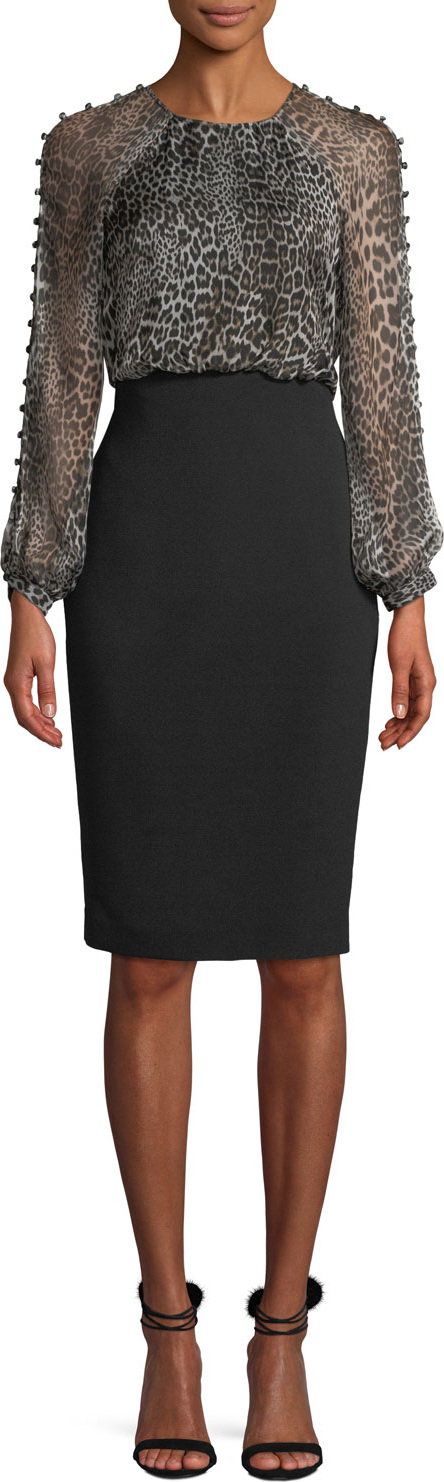 Badgley Mischka Leopard Dress w/ Button Sleeves