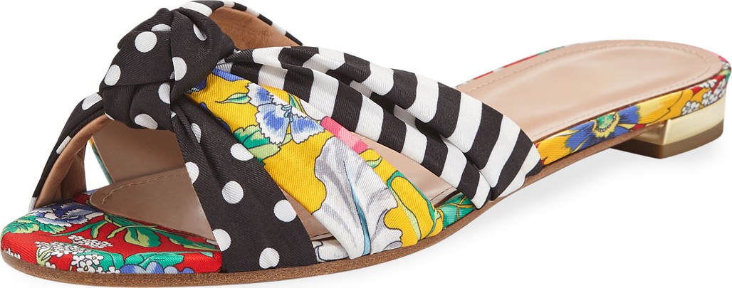 Aquazzura Menorca Mixed-Print Flat Slide Sandals