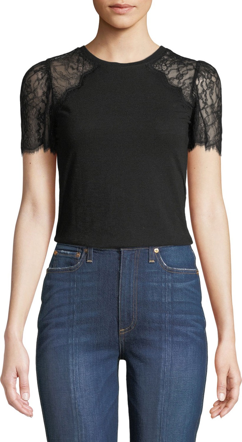 Rebecca Taylor Lace-Sleeve Crewneck Jersey Tee