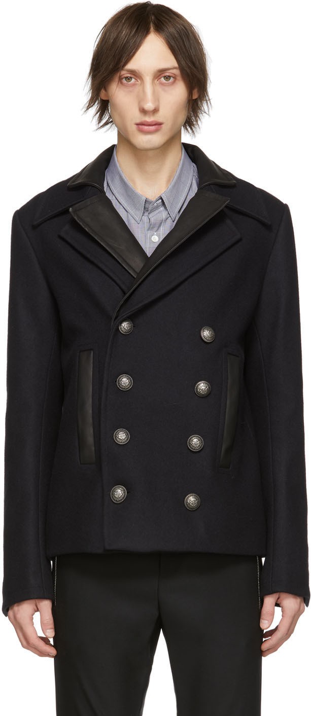 Balmain Navy Double Collar Peacoat