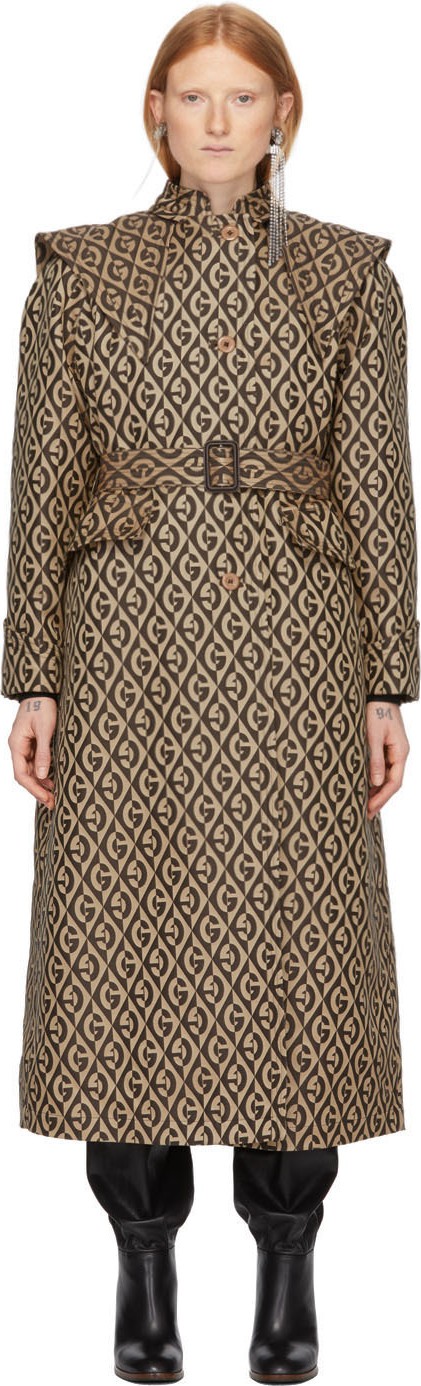 Gucci Beige Wool G Rhombus Cap Trench Coat