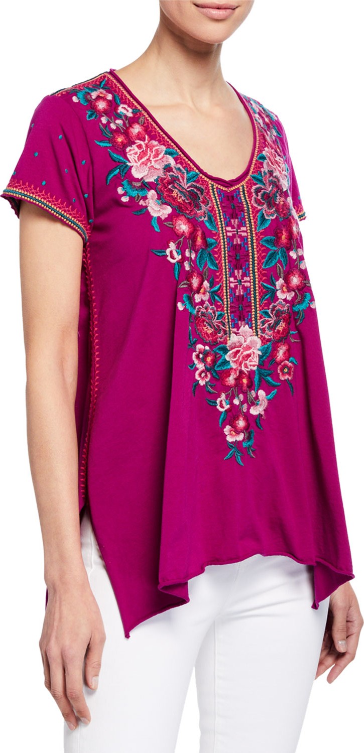 Johnny Was Analiesse Drape V-Neck Short-Sleeve Top w/ Side Stitch Detail