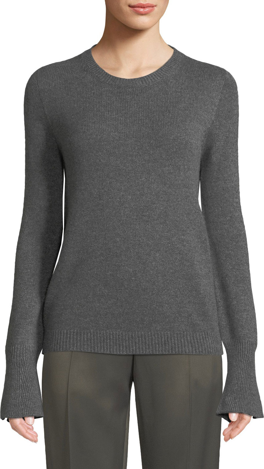 Agnona Crewneck Trumpet-Cuffs Cashmere Pullover Sweater