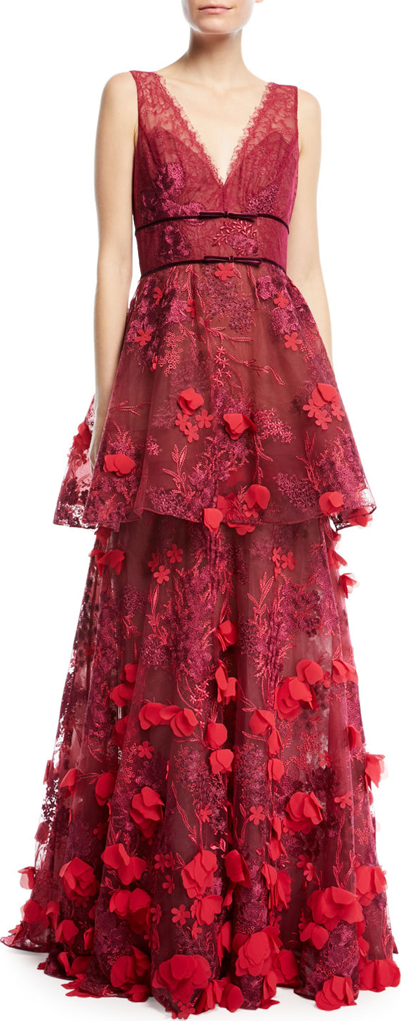Marchesa Notte Two-Tiered 3D Floral-Embellished Gown