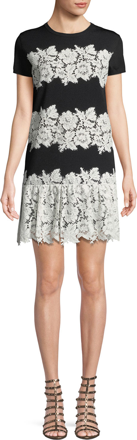 Valentino Crewneck Short-Sleeve Lace Stretch-Viscose Short Dress