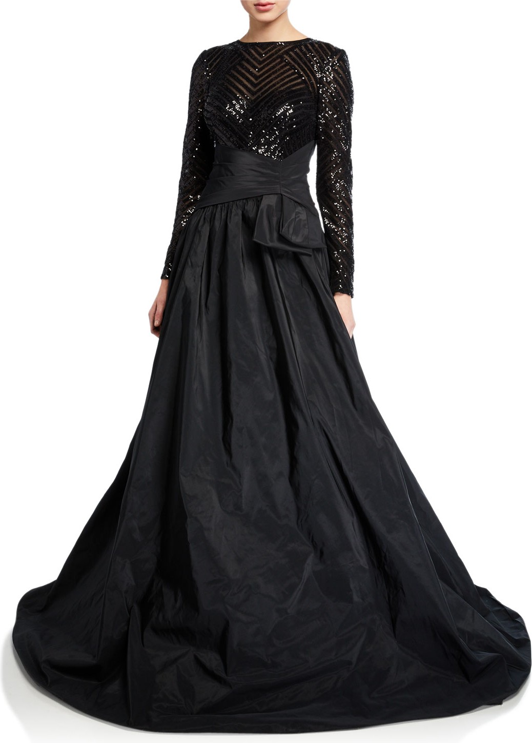 Rickie Freeman for Teri Jon Beaded Lace-Bodice Long-Sleeve Taffeta Gown