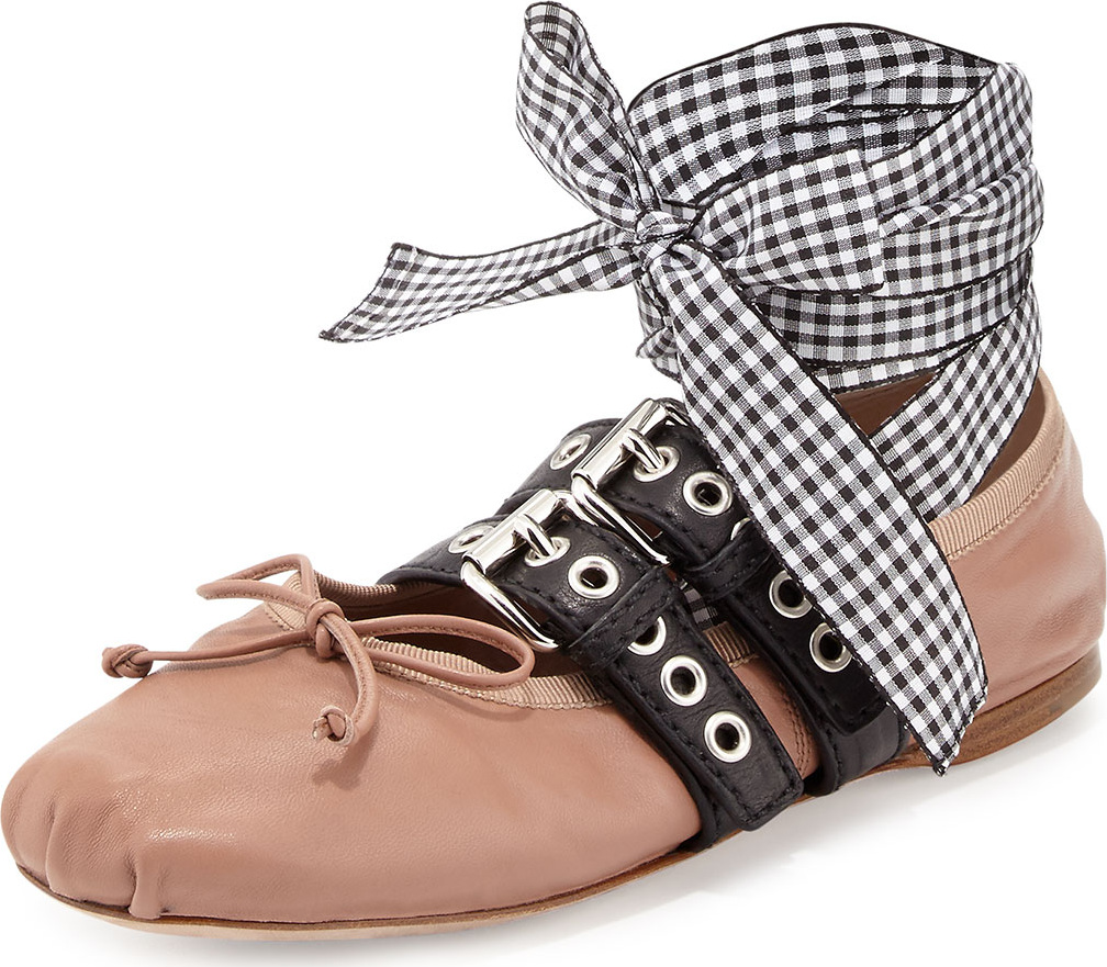 Miu Miu Belted Leather Ankle-Wrap Ballerina Flat