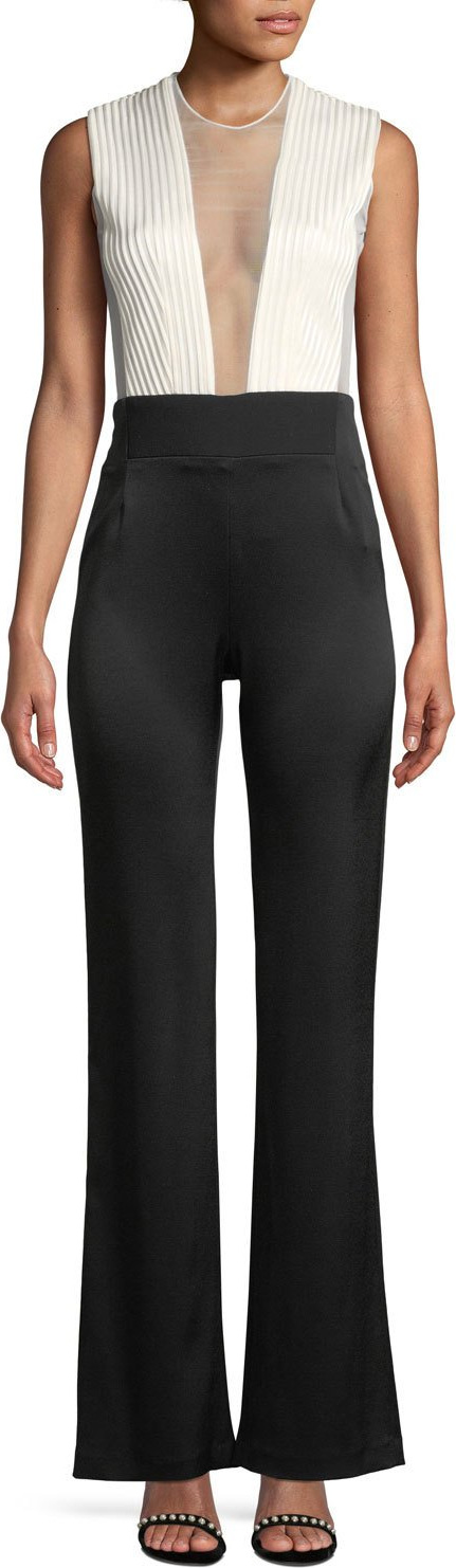 Galvan Sleeveless Deep-V Sheer-Tulle Bodice Bicolor Tuxedo Jumpsuit