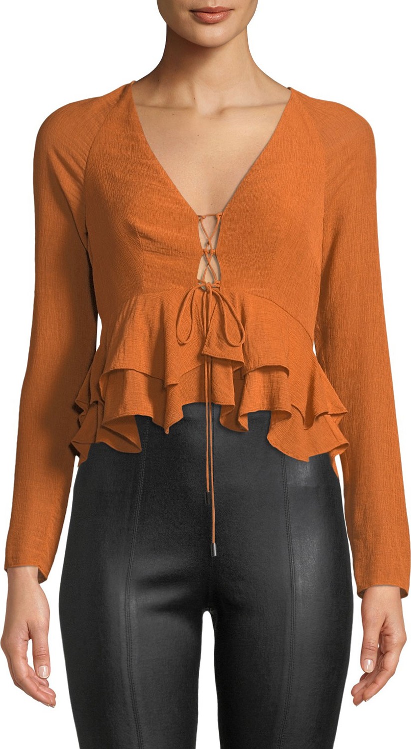 Alexis Reagan Long-Sleeve Lace-Up Peplum Top