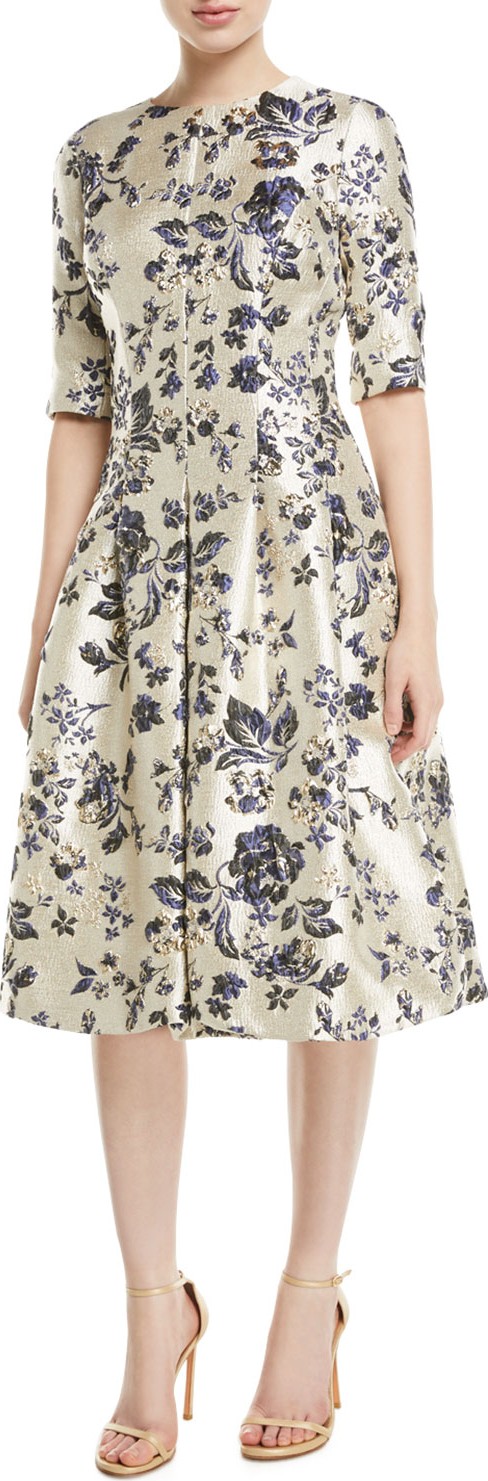 Rickie Freeman for Teri Jon Half-Sleeve Metallic Jacquard A-Line Dress