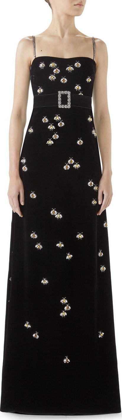 Gucci Spaghetti Strap Velvet Bee Embroidered Gown