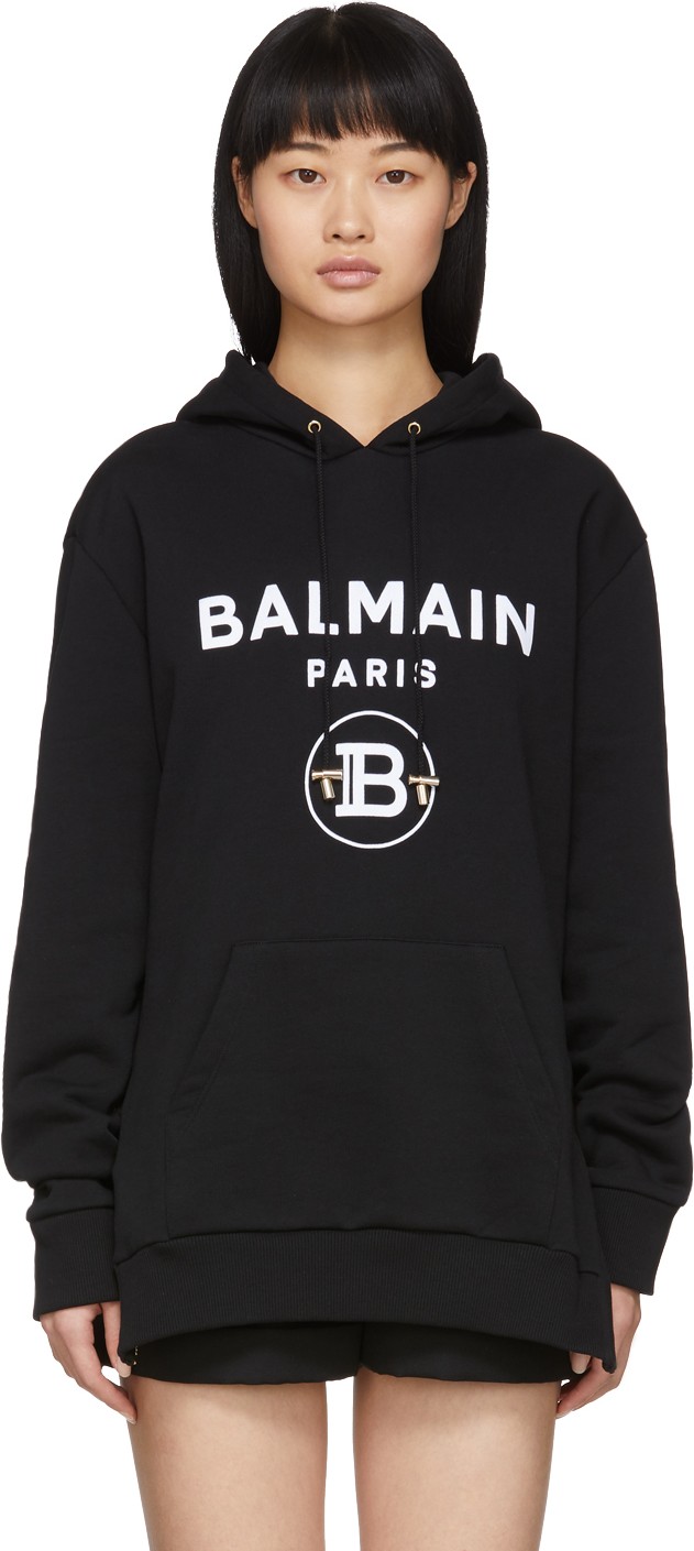 Balmain Black Flocked Logo Hoodie