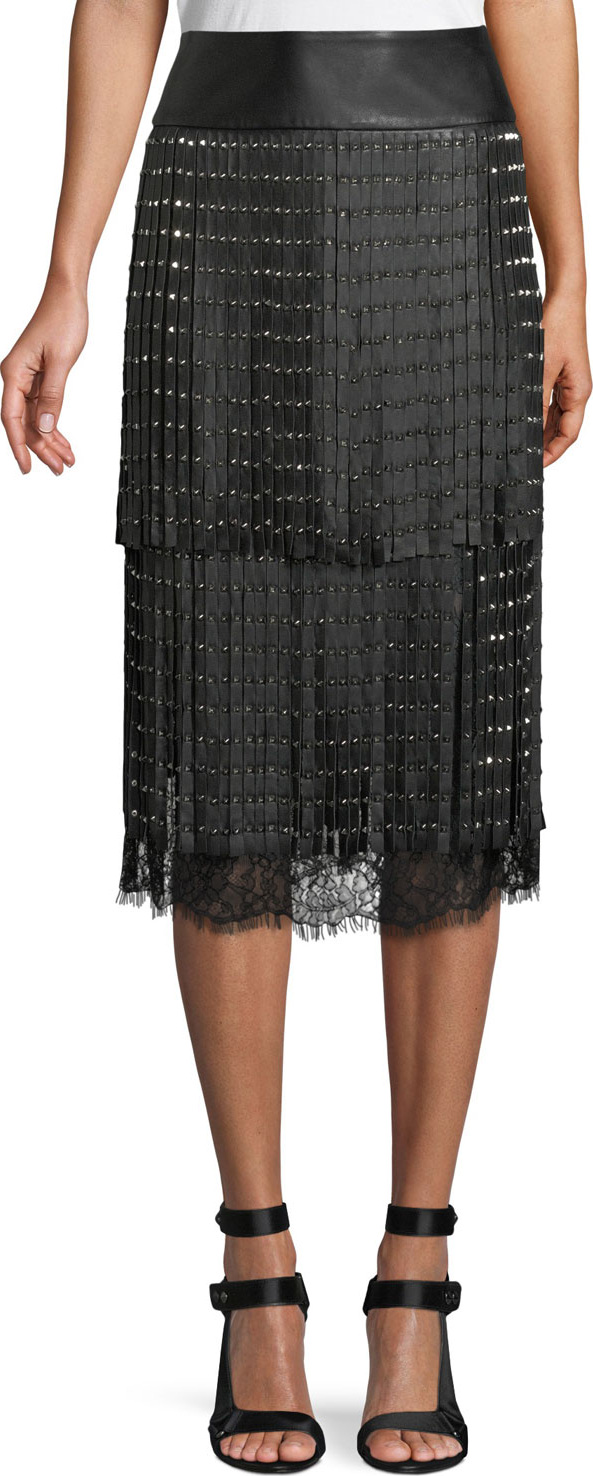 Alice + Olivia Senna Studded Leather Fringe Midi Skirt