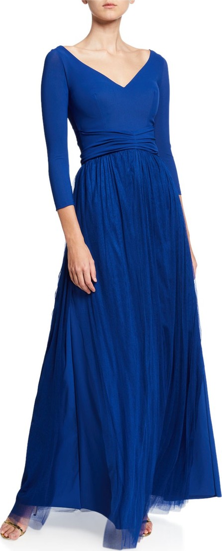 La Petite Robe di Chiara Boni V-Neck 3/4-Sleeve A-Line Gown with Sheer Skirt Overlay La Petite Robe di Chiara Boni V-Neck 3/4-Sleeve A-Line Gown with Sheer Skirt Overlay