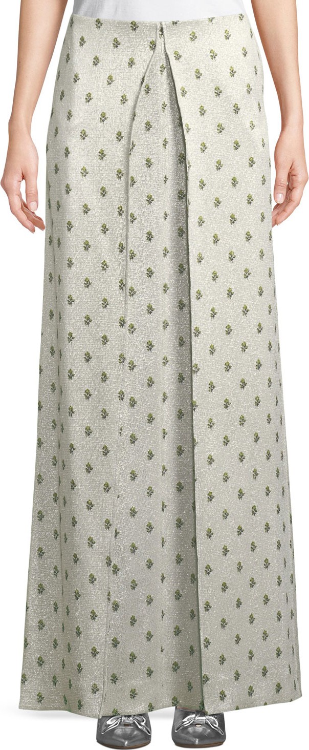 Valentino Floor-Length Hammered Metallic Rose-Print A-Line Skirt