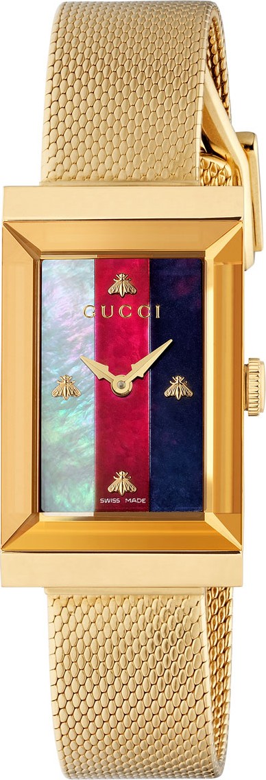 Gucci G-Frame Rectangular Mother-of-Pearl Watch w/ Mesh Strap, Gold