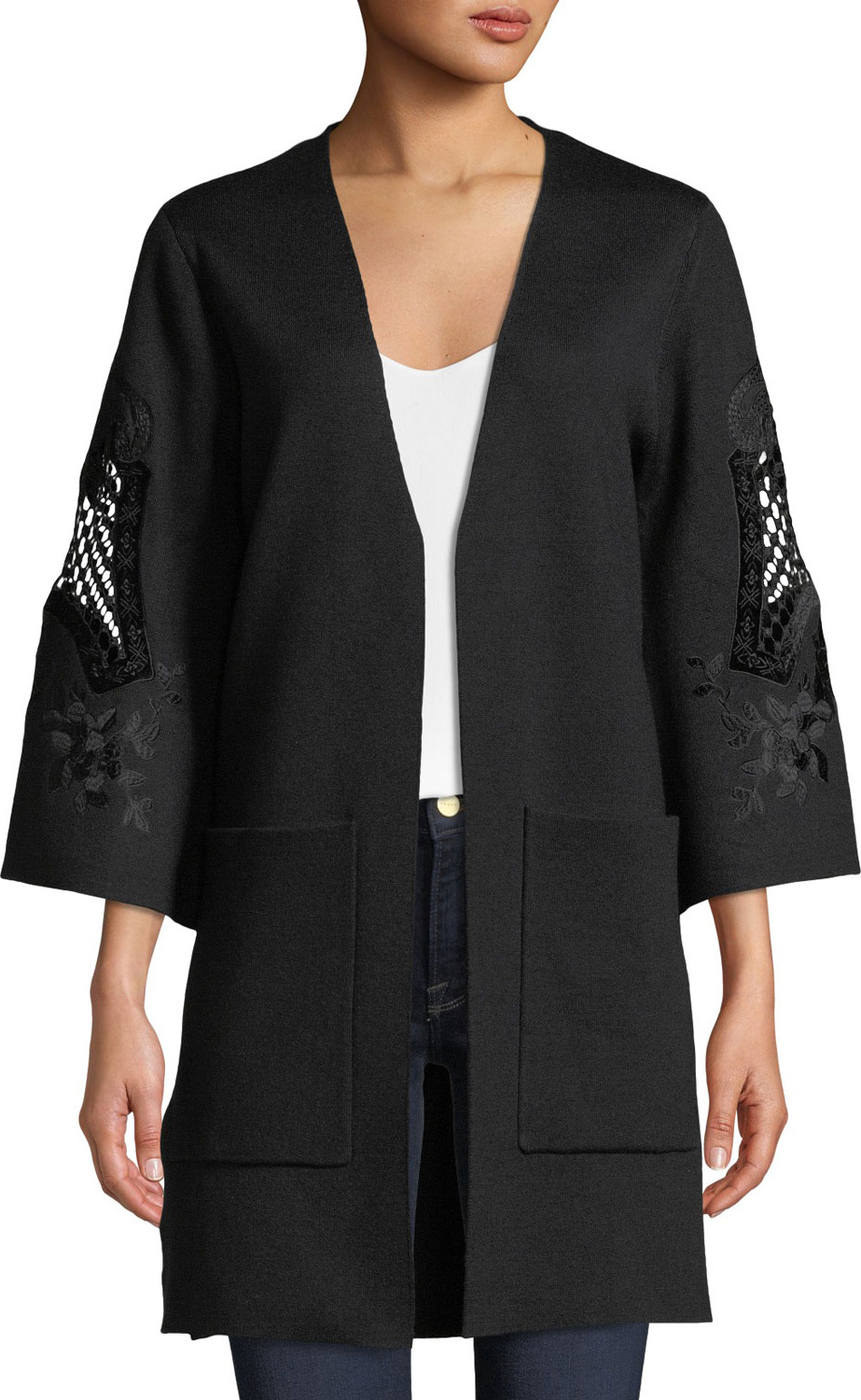KOBI HALPERIN Della Open-Front Sweater with Embroidered Sleeves