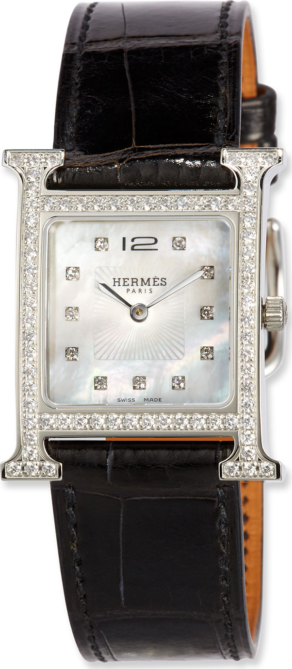HERMÈS Heure H MM Watch with Diamonds & Black Alligator Strap