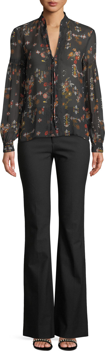 Derek Lam 10 Crosby Floral Silk Tie-Neck Long-Sleeve Blouse