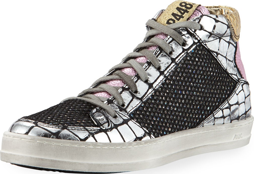 P448 Queens Mid-Top Sneakers in Croco Leather & Glitter Mesh