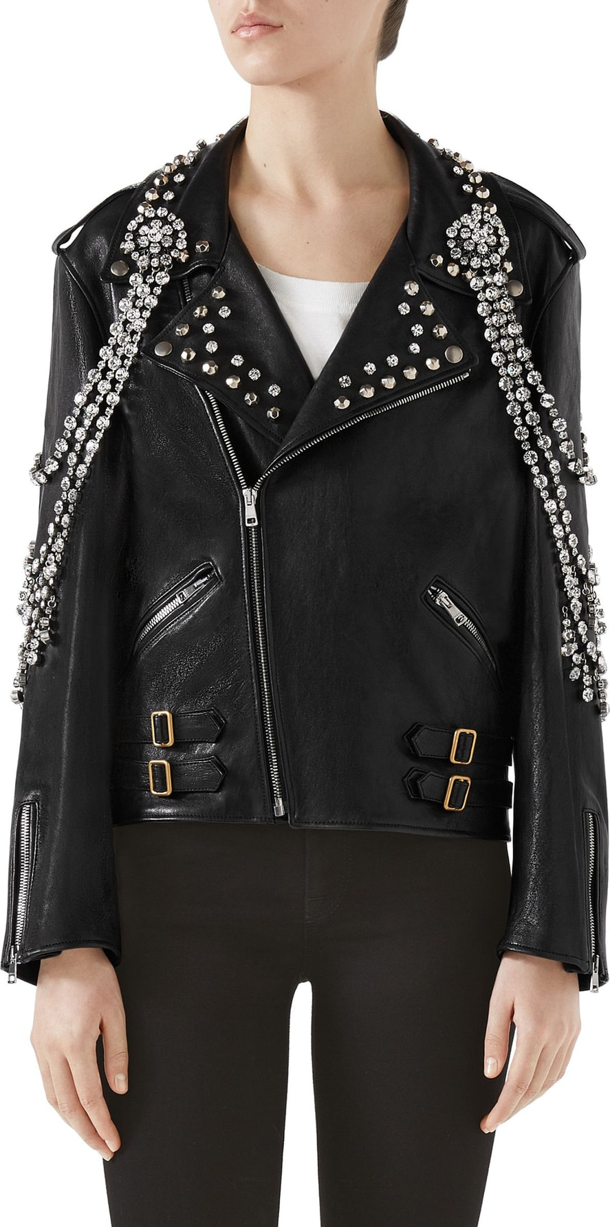 Gucci Back Logo Crystal Embellished Biker Jacket