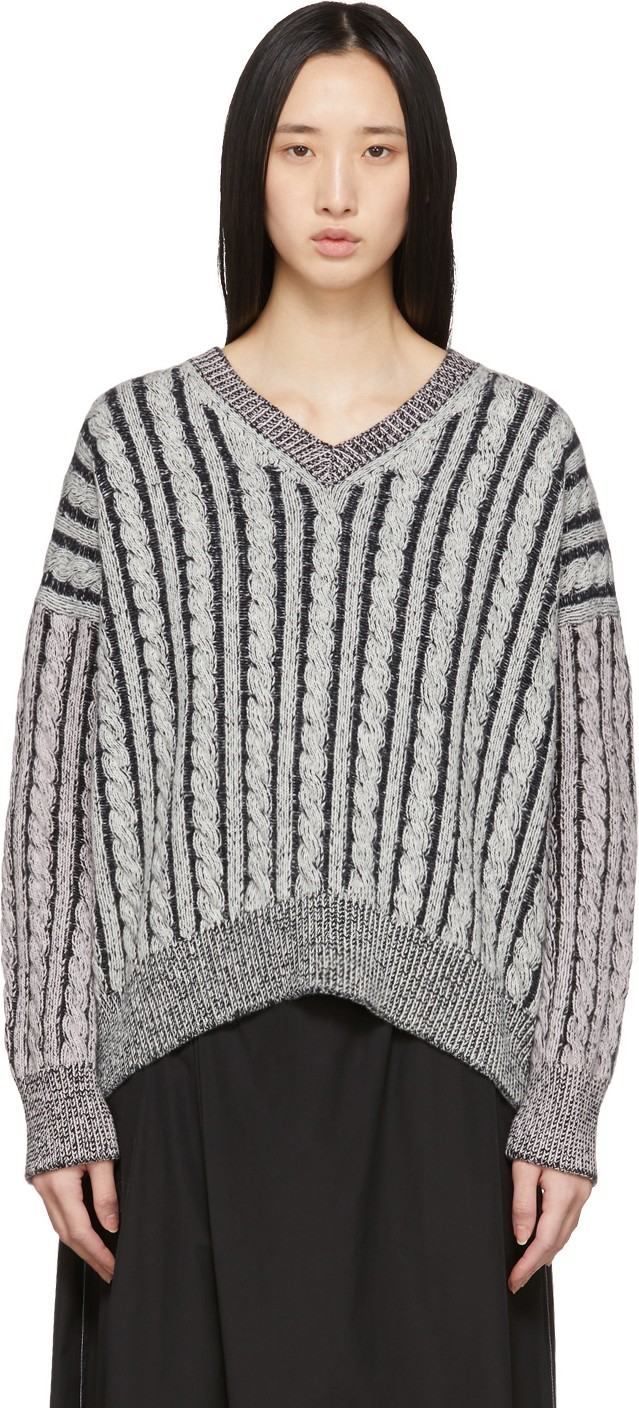 LOEWE Grey Wool Cable V-Neck Sweater