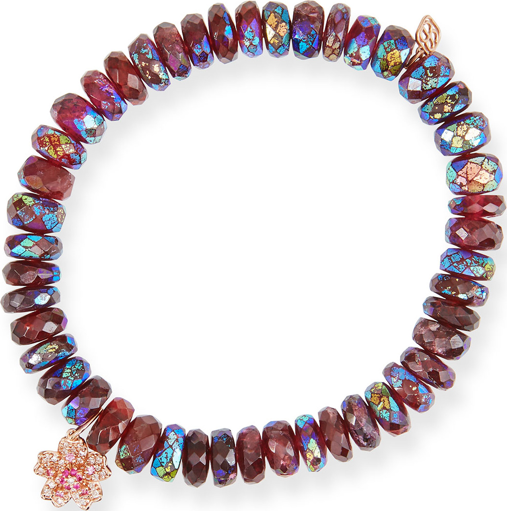 Sydney Evan Rhodolite Garnet Bead Bracelet with 14k Rose Gold Sakura Charm