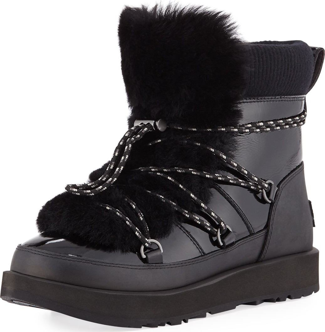 UGG Highland Waterproof Patent/Shearling Lace-Up Boots