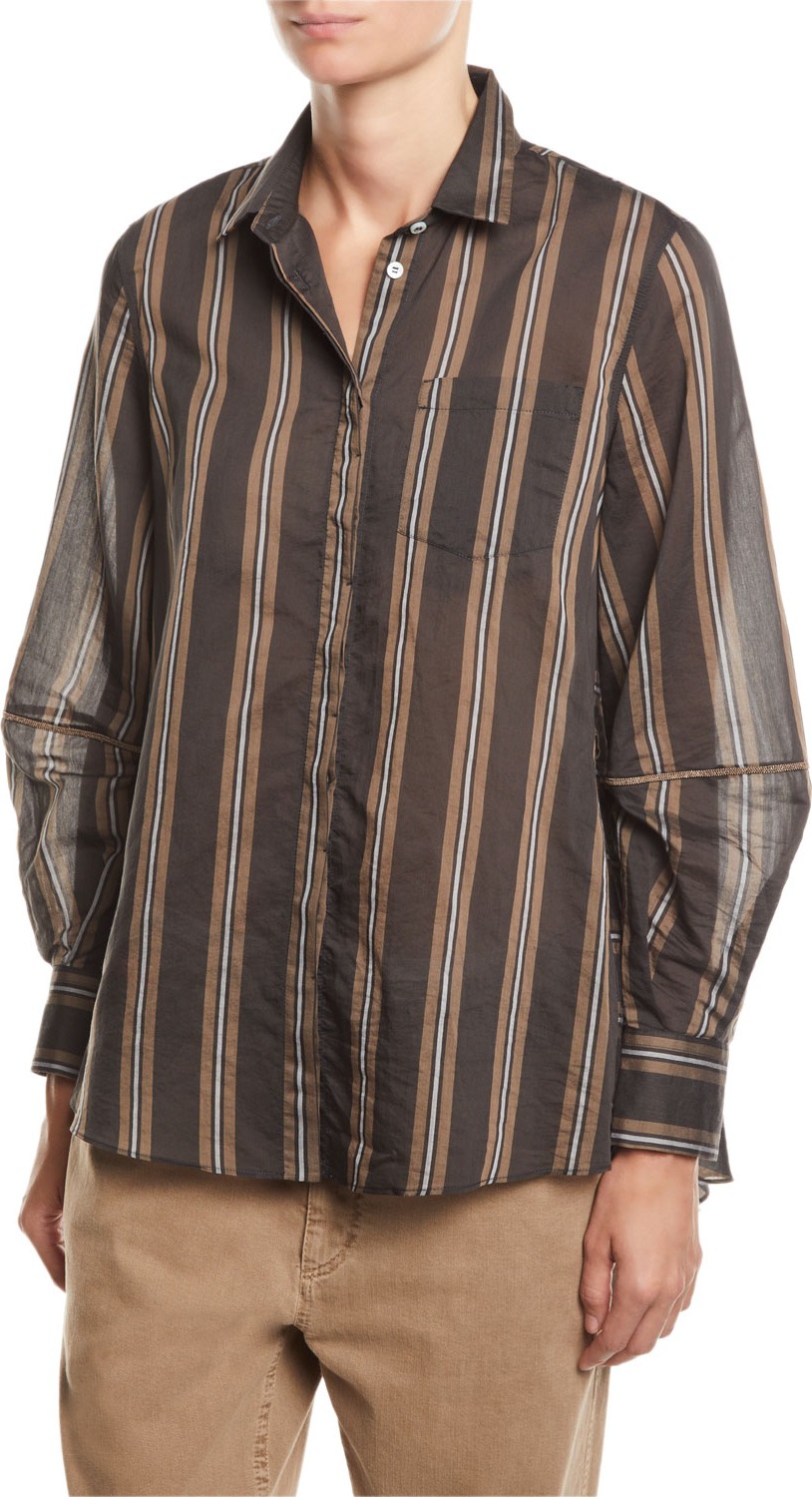 Brunello Cucinelli Monili-Striped Striped Organza Button-Front Blouse