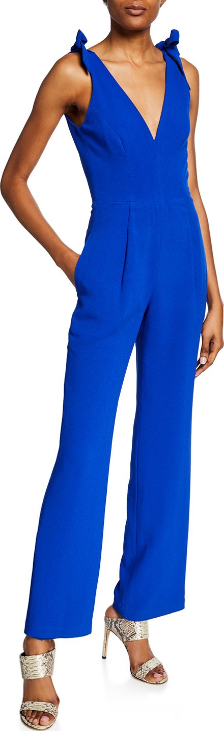 Dress the Population Maira V-Neck Sleeveless Jumpsuit with Bow Shoulder Detail