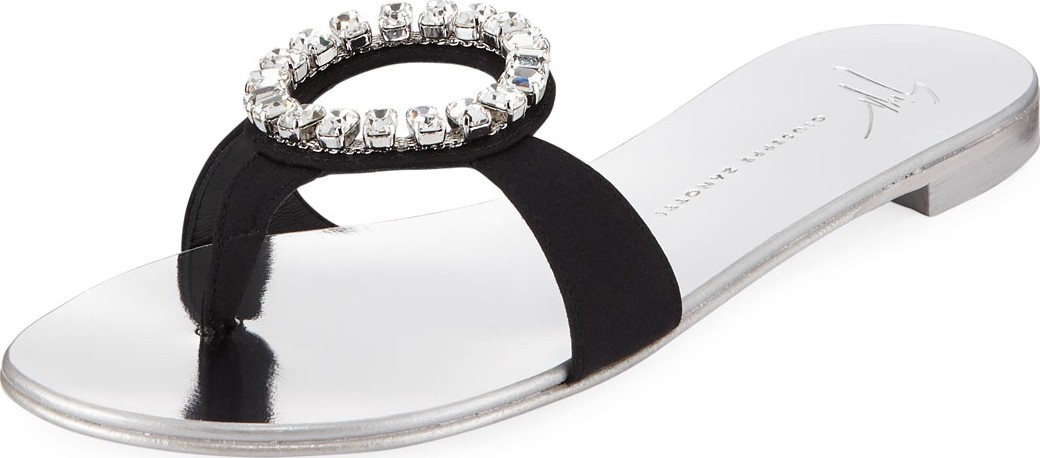 Giuseppe Zanotti Flat Satin Slide Sandals w/ Crystal Ring