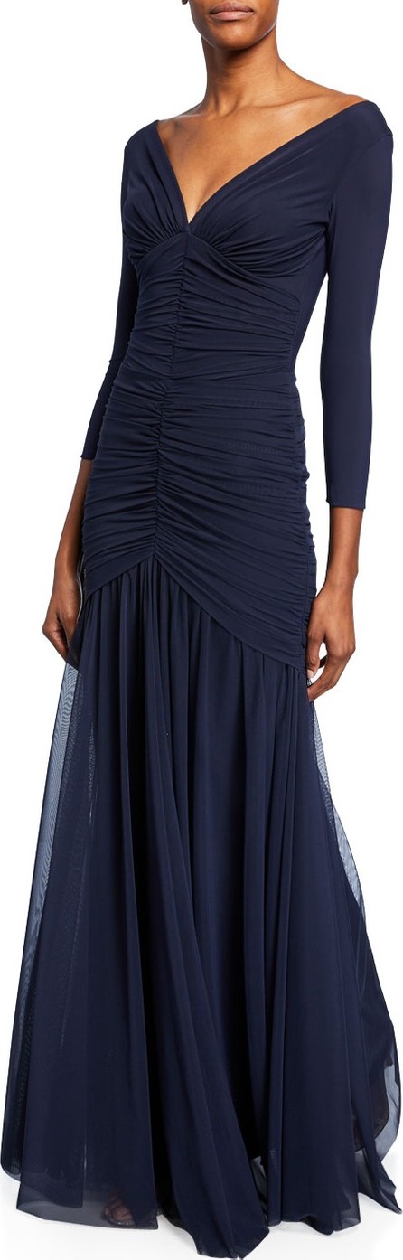 La Petite Robe di Chiara Boni Dikta V-Neck 3/4-Sleeve Shirred Mermaid Gown La Petite Robe di Chiara Boni Dikta V-Neck 3/4-Sleeve Shirred Mermaid Gown